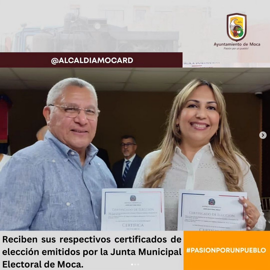 El alcalde mocano Guarocuya Cabral y la nueva vicealcaldesa Belkis Candelier reciben sus respectivos certificados de elección emitidos por la JME Junta Municipal Electoral de Moca, que los acredita como nuevos ediles de la alcaldía por los próximos cuatro años 2024-2028.#pasionporunpueblo